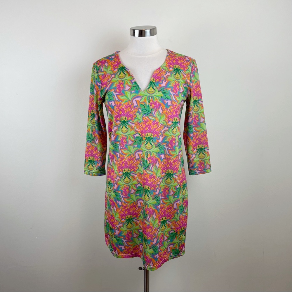 Haley & The Hound Pink Green Floral Retro Long Sleeve Stretch Dress Women Medium